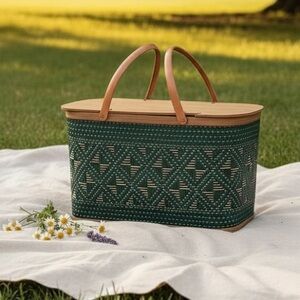 Vintage 1975 Hawkeye Woven Picnic Basket Green Burlington Iowa